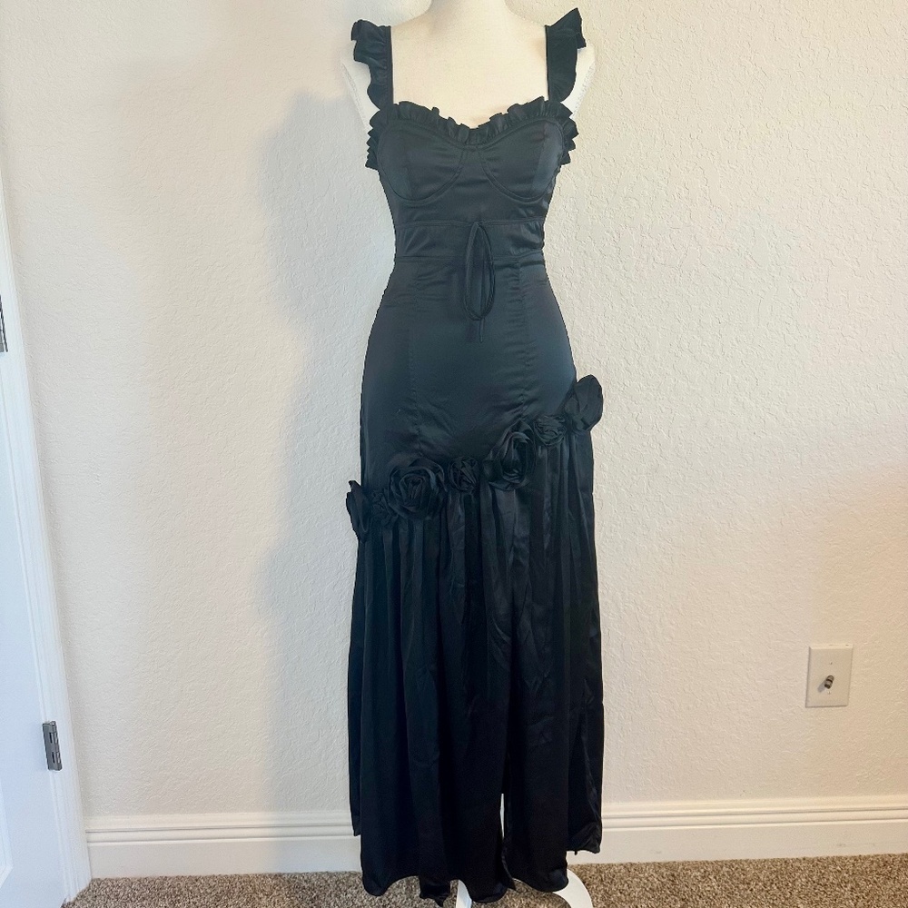 Whimsigoth/ Gothic Black Satin Maxi Dress, Size S - Picture 4 of 13